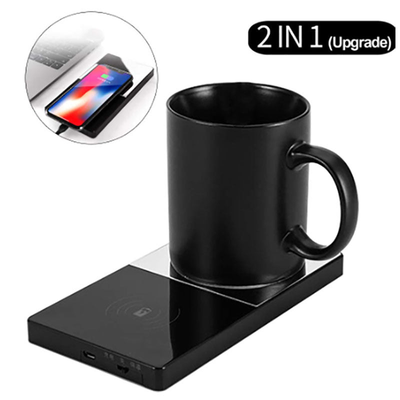 2 In 1 Heating Mug Cup Warmer Electric Wireless Charger For Home Office Coffee Milk - Zambeel