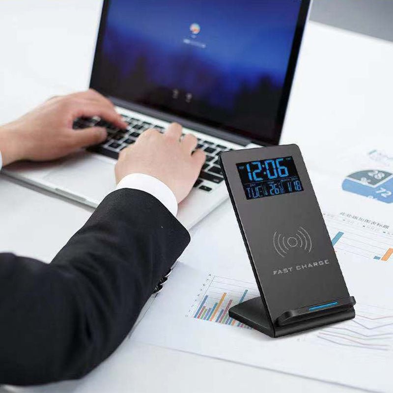 Alarm Clock Wireless Charger Mobile Phone Holder Perpetual Calendar Temperature Bedside Desktop - Zambeel