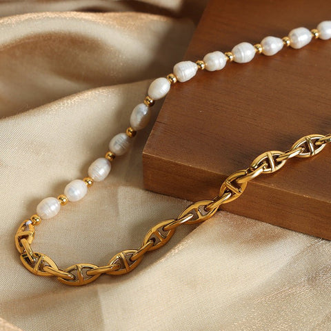 All - Match Titanium Steel Gold - Plated Freshwater Pearl Necklace - Zambeel