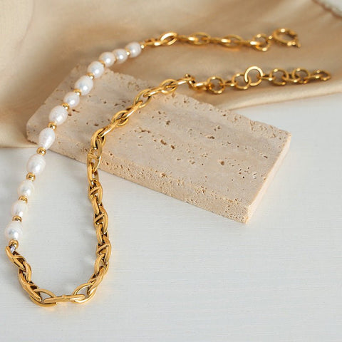 All - Match Titanium Steel Gold - Plated Freshwater Pearl Necklace - Zambeel