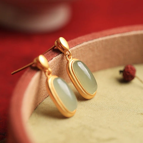 Ancient Gold Inlaid Hetian Jade Earrings For Women New Long - Zambeel