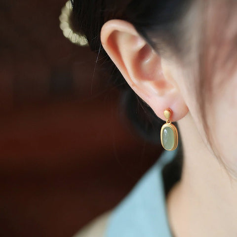 Ancient Gold Inlaid Hetian Jade Earrings For Women New Long - Zambeel
