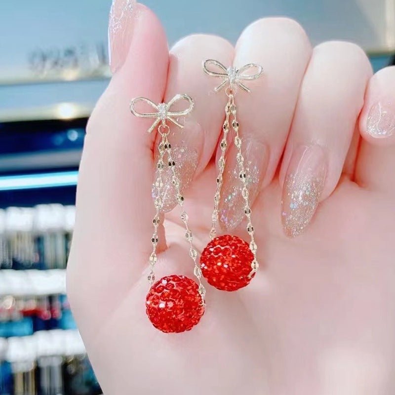 Autumn And Winter Golden Bow With Red Rhinestone Fashion Simple Eardrops - Zambeel