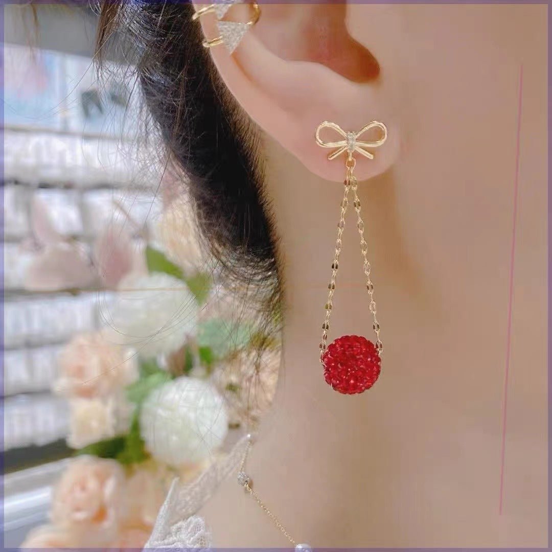 Autumn And Winter Golden Bow With Red Rhinestone Fashion Simple Eardrops - Zambeel