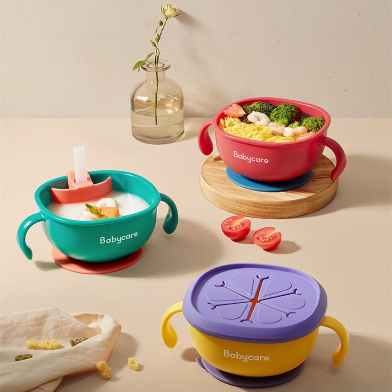Babycare 3 in 1 Baby Feeding Snack Soup Bowl with Straw Infant Learning Dishes Suction Bowl Handle Tableware Petal Snack Bowl - Zambeel