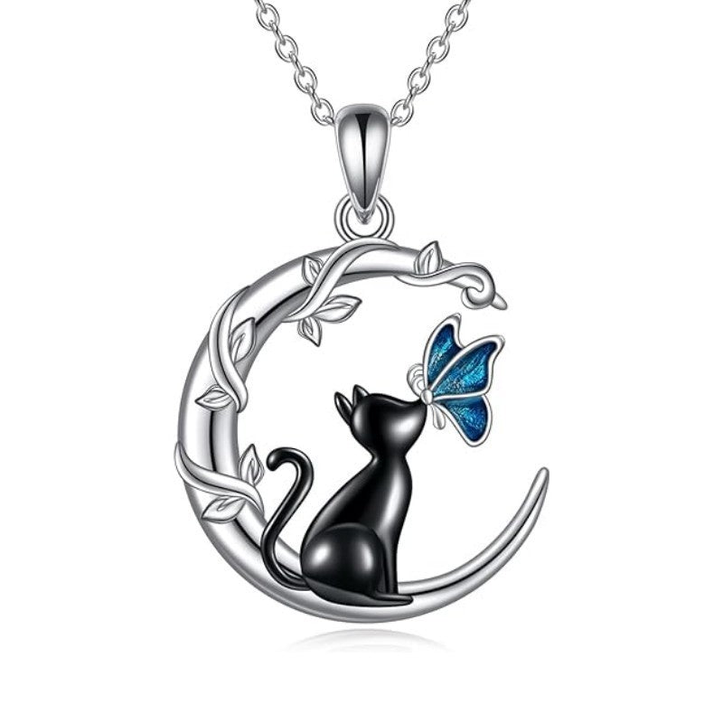 Black Cat Butterfly Moon Branch Winding Pendant Necklace - Zambeel