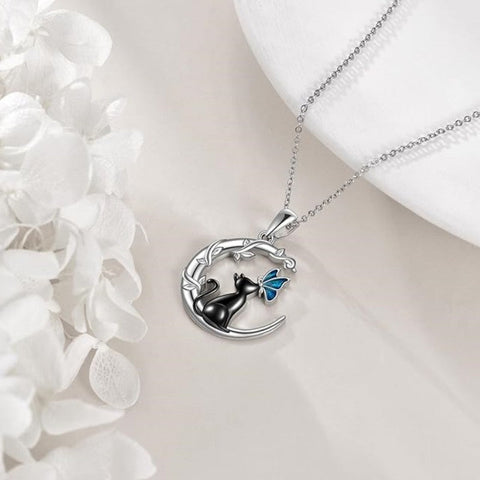Black Cat Butterfly Moon Branch Winding Pendant Necklace - Zambeel