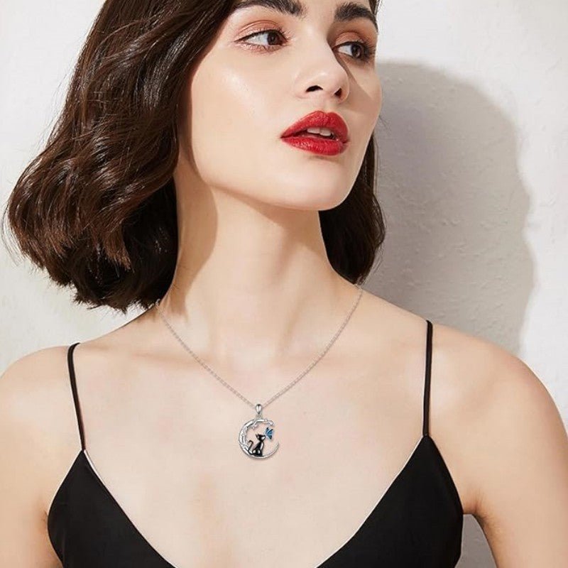Black Cat Butterfly Moon Branch Winding Pendant Necklace - Zambeel