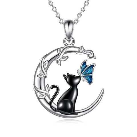 Black Cat Butterfly Moon Branch Winding Pendant Necklace - Zambeel