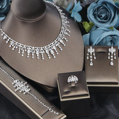 Bridal Zircon 3A Necklace Earrings Four - Piece Set - Zambeel