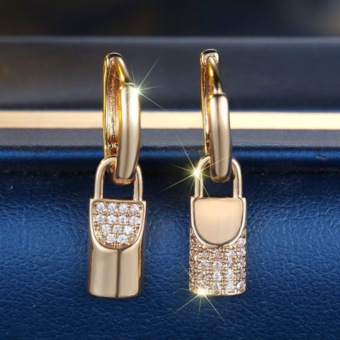 Champagne Gold Round White Diamond Lock Eardrops - Zambeel