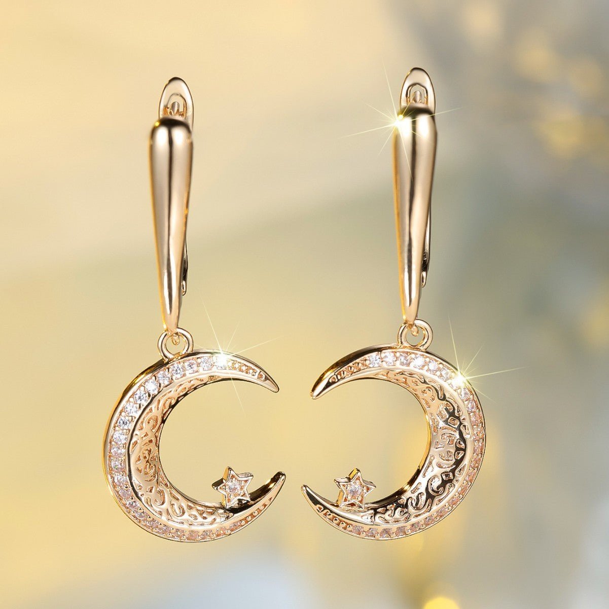 Champagne Gold Star And Moon Earrings Design Sense - Zambeel