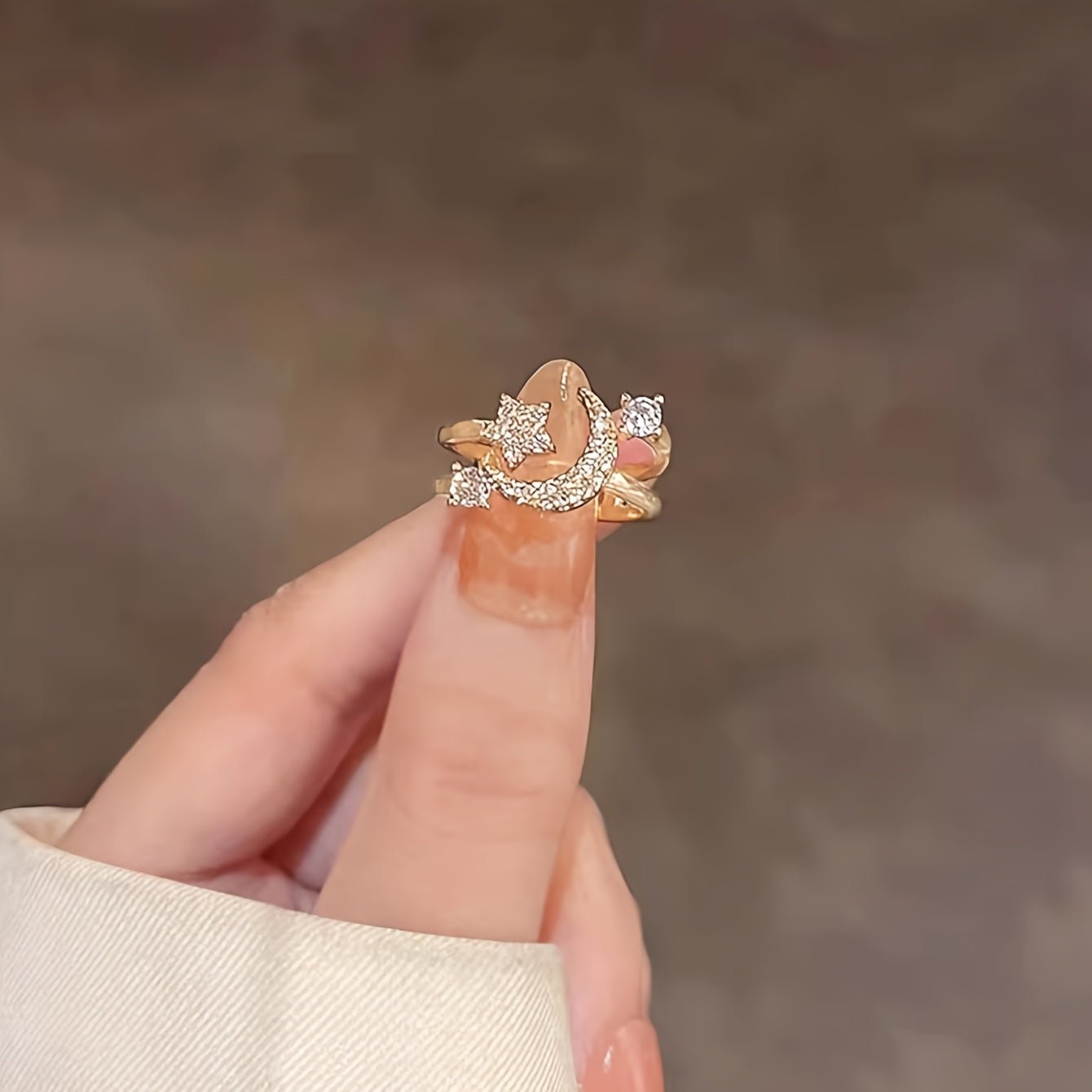 Chic Star Moon Rhinestone Ring, Retro & Minimalist Style, Daily Party Wear, Ideal Ramadan Gift - Zambeel