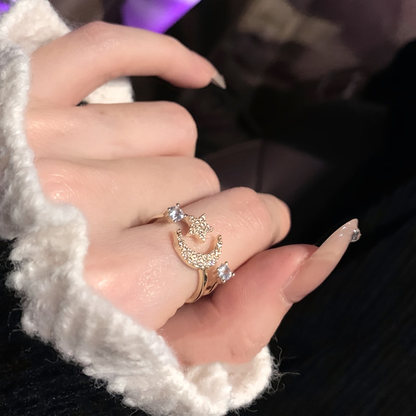 Chic Star Moon Rhinestone Ring, Retro & Minimalist Style, Daily Party Wear, Ideal Ramadan Gift - Zambeel