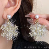 Christmas Snowflake Earrings Women's Full Diamond Pearl Plush Earrings - Zambeel