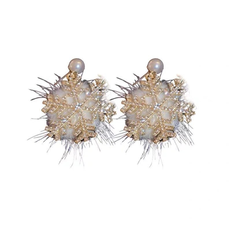 Christmas Snowflake Earrings Women's Full Diamond Pearl Plush Earrings - Zambeel