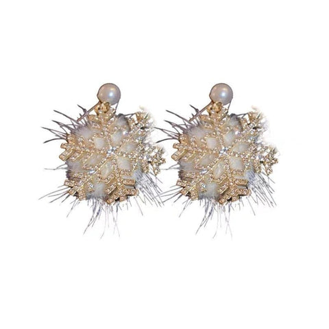 Christmas Snowflake Earrings Women's Full Diamond Pearl Plush Earrings - Zambeel