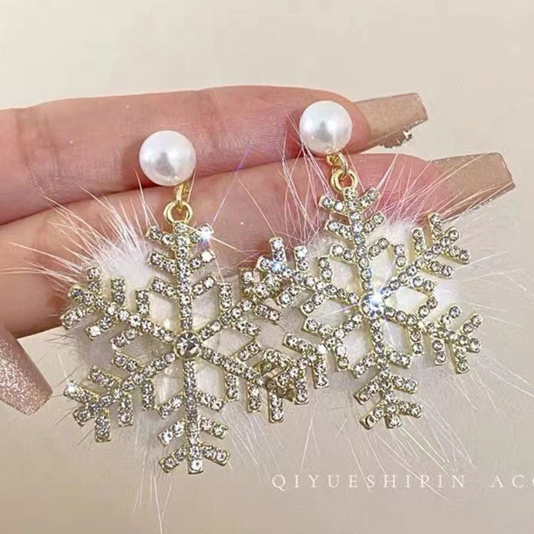 Christmas Snowflake Earrings Women's Full Diamond Pearl Plush Earrings - Zambeel