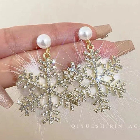 Christmas Snowflake Earrings Women's Full Diamond Pearl Plush Earrings - Zambeel