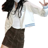 Collegiate - style Loose - fitting Cropped Baseball Jacket With Embroidery - Zambeel
