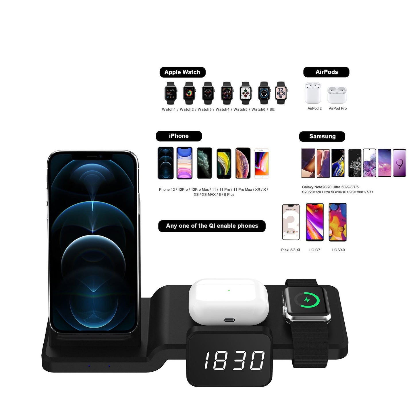 Compatible with Apple , Watch Headset Four - in - one Wireless Charger Mobile Phone Fast Charging Stand With Clock - Zambeel
