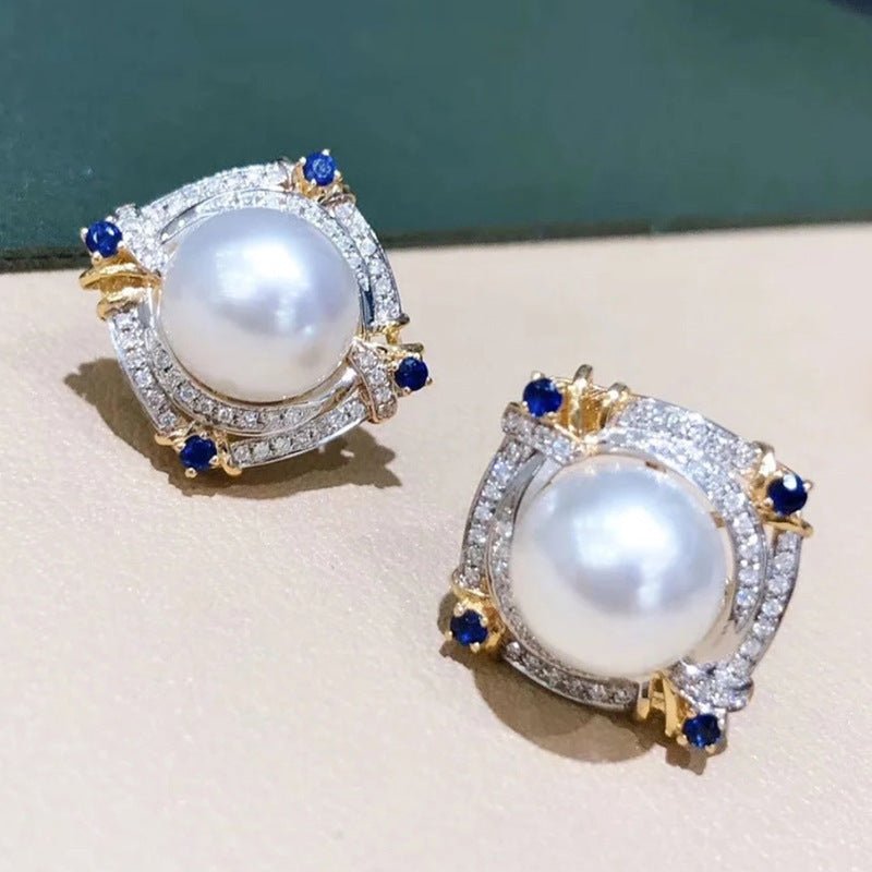 Elegant Two - tone Faux Pearl Stud Earrings With A Geometric Diamond Shape - Zambeel