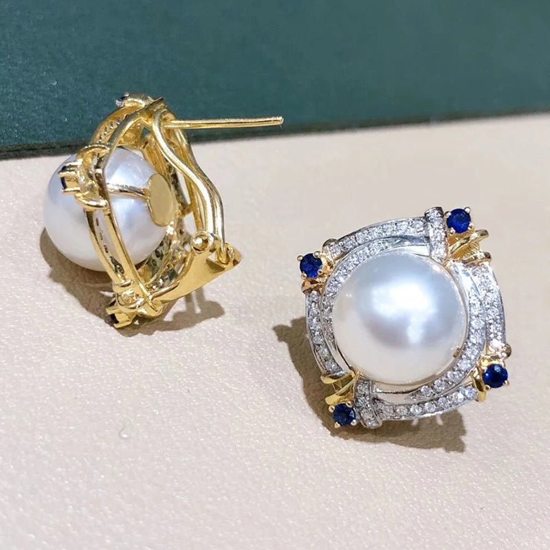 Elegant Two - tone Faux Pearl Stud Earrings With A Geometric Diamond Shape - Zambeel