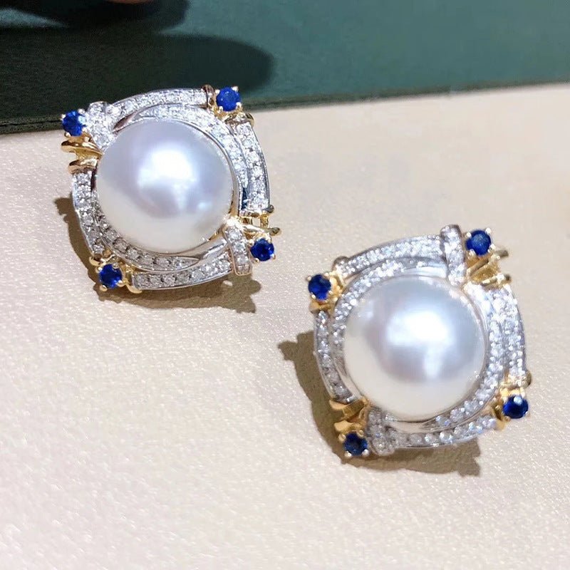 Elegant Two - tone Faux Pearl Stud Earrings With A Geometric Diamond Shape - Zambeel