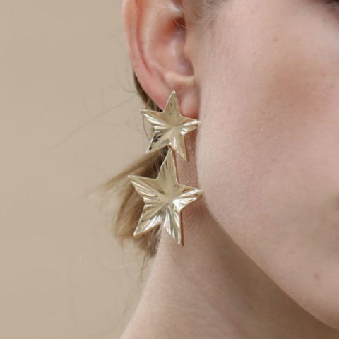 European And American Metal Fashion Brass Artificial Gold Earrings Geometric Five - pointed Star Double Layer - Zambeel
