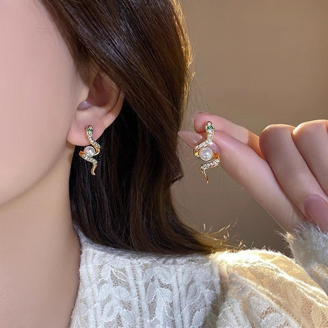 Exquisite Full Rhinestone Zircon Simulated Snakes Bead Stud Earrings For Women - Zambeel