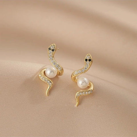 Exquisite Full Rhinestone Zircon Simulated Snakes Bead Stud Earrings For Women - Zambeel