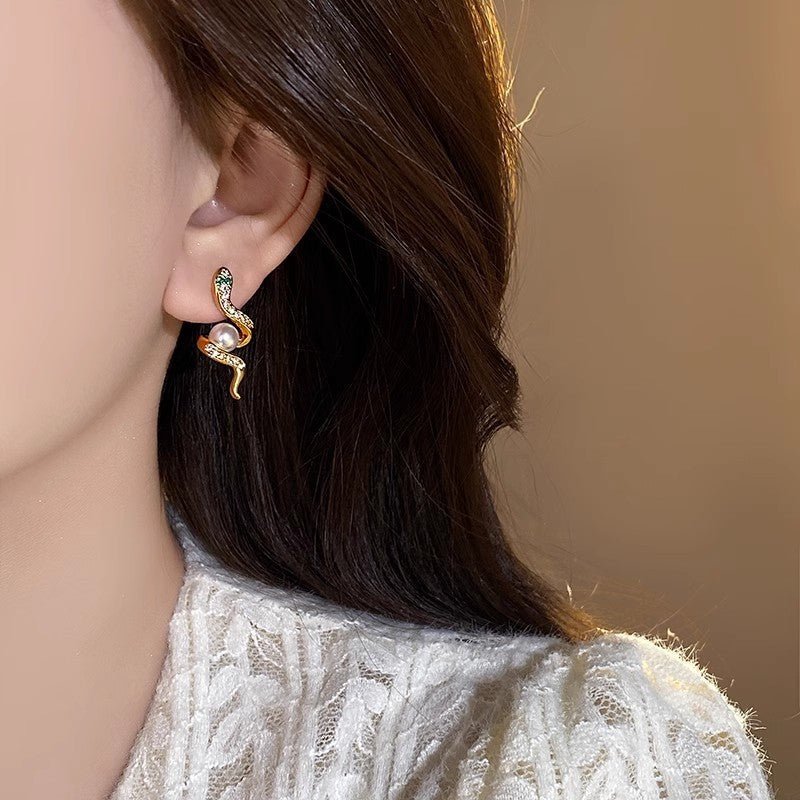Exquisite Full Rhinestone Zircon Simulated Snakes Bead Stud Earrings For Women - Zambeel