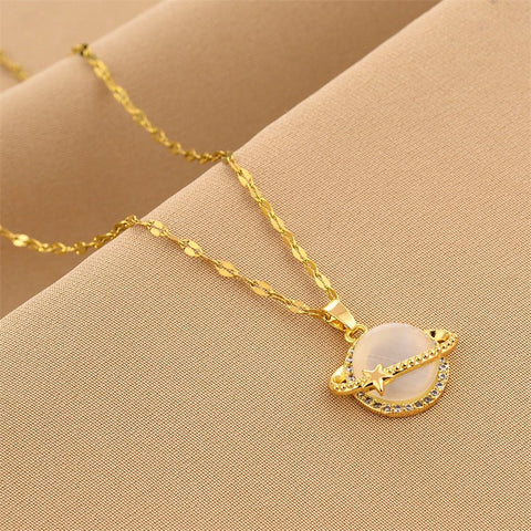 French Style Design Planet Opal Pendant Titanium Steel Necklace Non - fading Simple - Zambeel