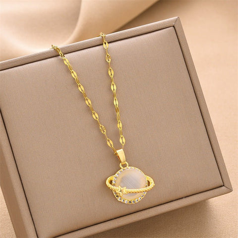 French Style Design Planet Opal Pendant Titanium Steel Necklace Non - fading Simple - Zambeel