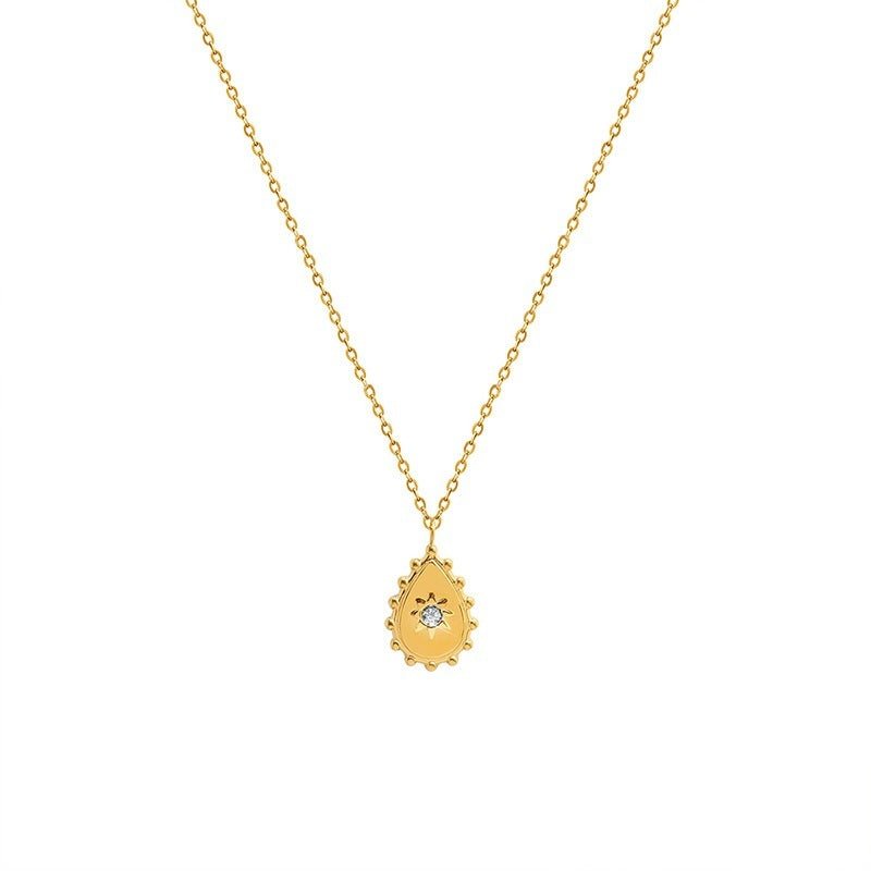 Geometric Single Diamond Zircon Inlaid Water Drop Pendant Titanium Steel Plated Necklace - Zambeel