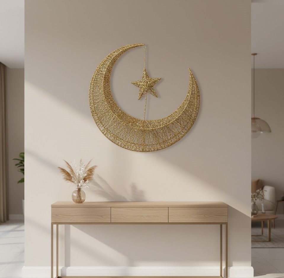 Gold Crescent Moon & Star Decorative Hanging Ornament - Zambeel