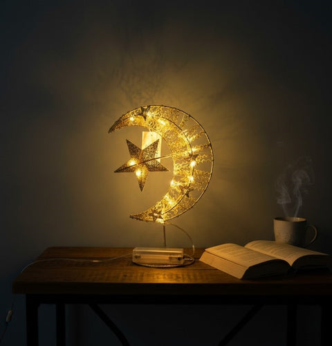 Gold Crescent Moon & Star LED Table Décor Light - Zambeel