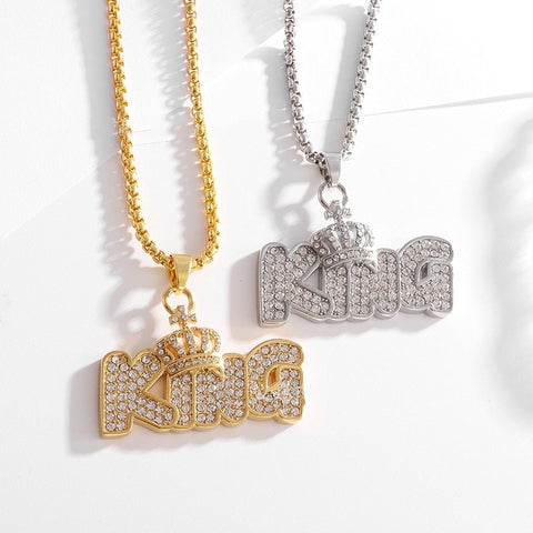Gold Plated Crown KING Letter Hanging Necklace - Zambeel