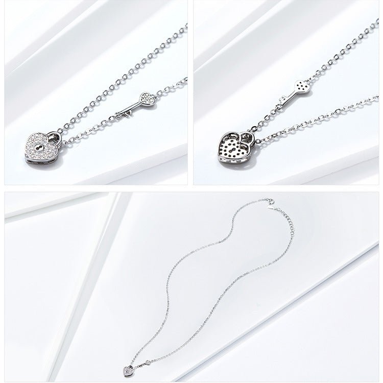 Heart Lock Necklace Women's Fashion White Gold Plated - Zambeel