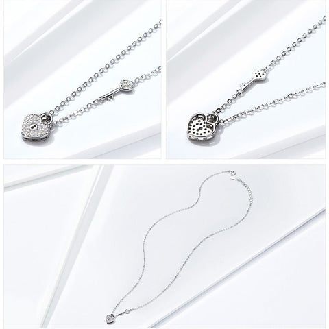 Heart Lock Necklace Women's Fashion White Gold Plated - Zambeel