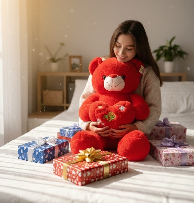 Large Red Love Teddy Bear with Heart Cushion - Zambeel