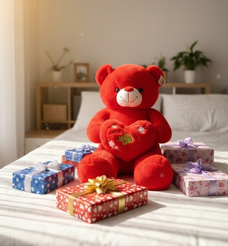 Large Red Love Teddy Bear with Heart Cushion - Zambeel