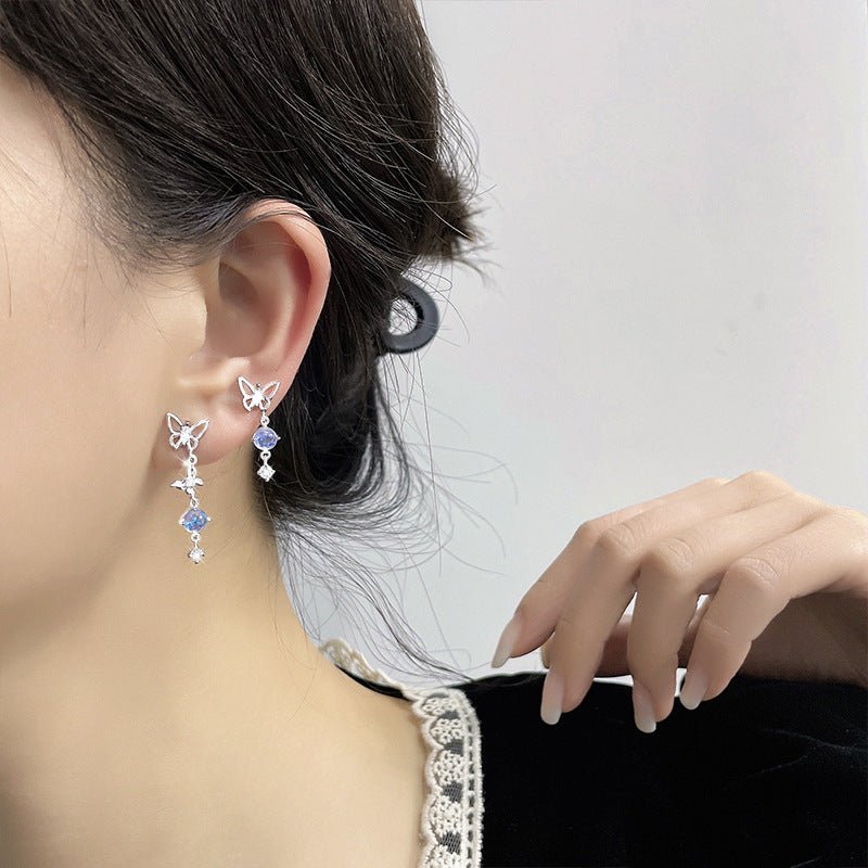 Moonstone Butterfly Earrings Long Light Luxury Asymmetric - Zambeel