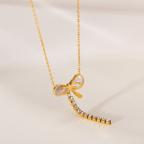 Necklace Female Titanium Steel Mother Shell Bow Tassel - Zambeel