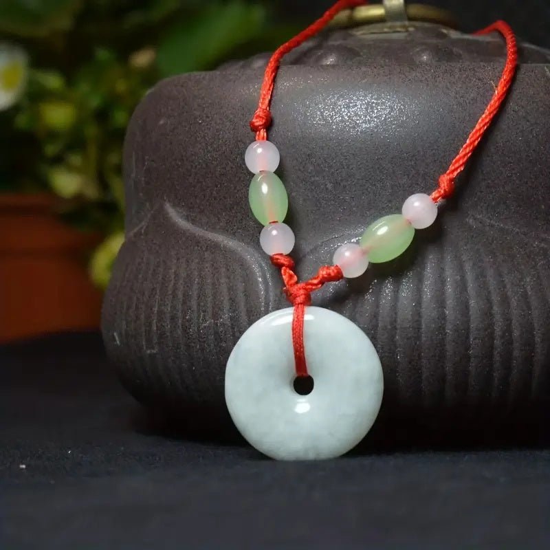 Peace Donut Healing Crystal Jadeite,Circle Coin Shaped Stone Pendant Adjustable Braided Cord Necklace For Inner Peace - Zambeel