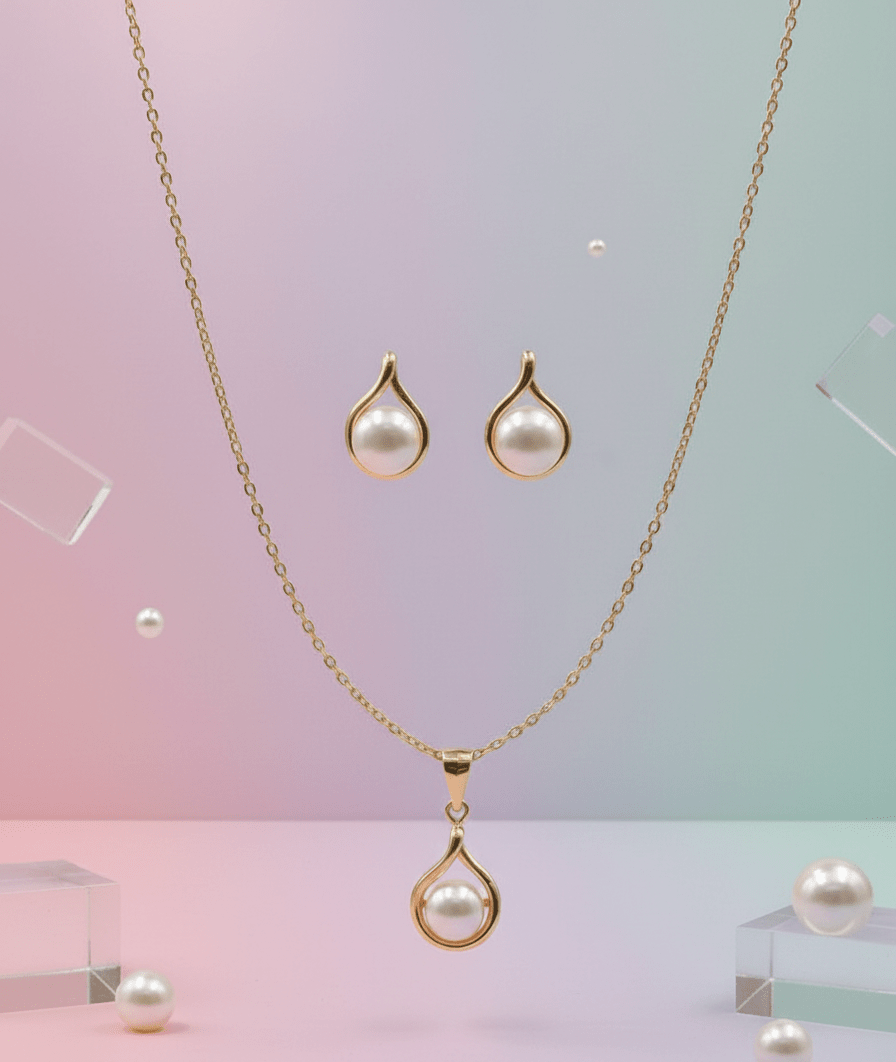 Pearl Drop Gold Pendant Set - Zambeel