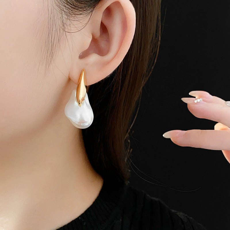 Real Gold Electroplated Silver Needle Artificial Pearl Earrings Irregular All - Match - Zambeel