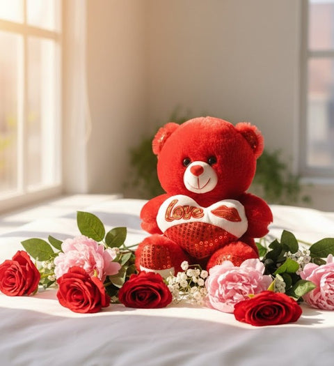 Red Love Teddy Bear with Heart Cushion - Zambeel