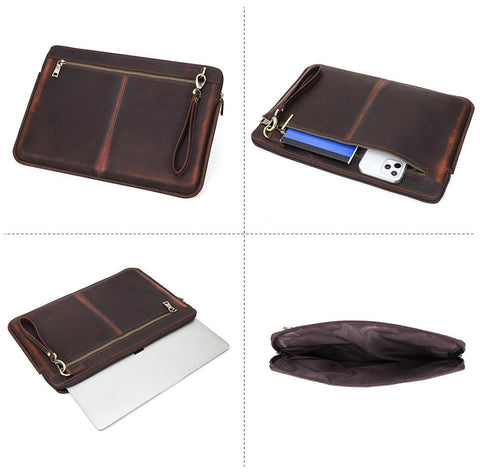 Retro Crazy Horse Leather Notebook Zipper Computer Bag - Zambeel
