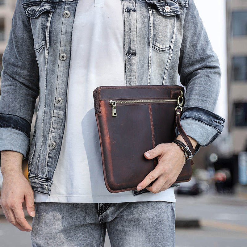 Retro Crazy Horse Leather Notebook Zipper Computer Bag - Zambeel